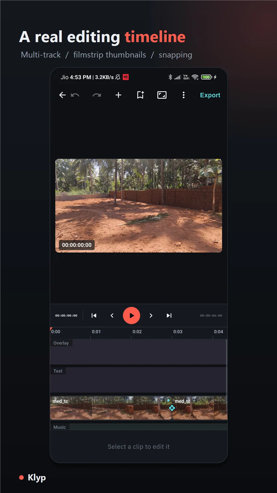 Klyp multi-track timeline with filmstrip thumbnails and a playhead over a clip.