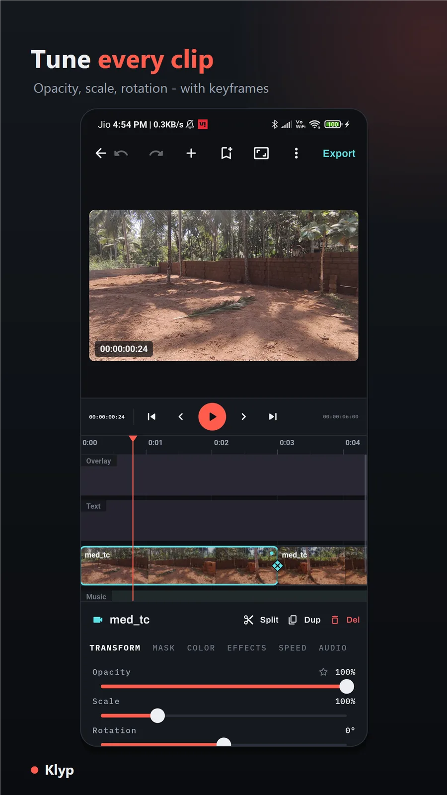 Klyp clip inspector showing opacity, scale and rotation sliders with a keyframe set on the timeline.