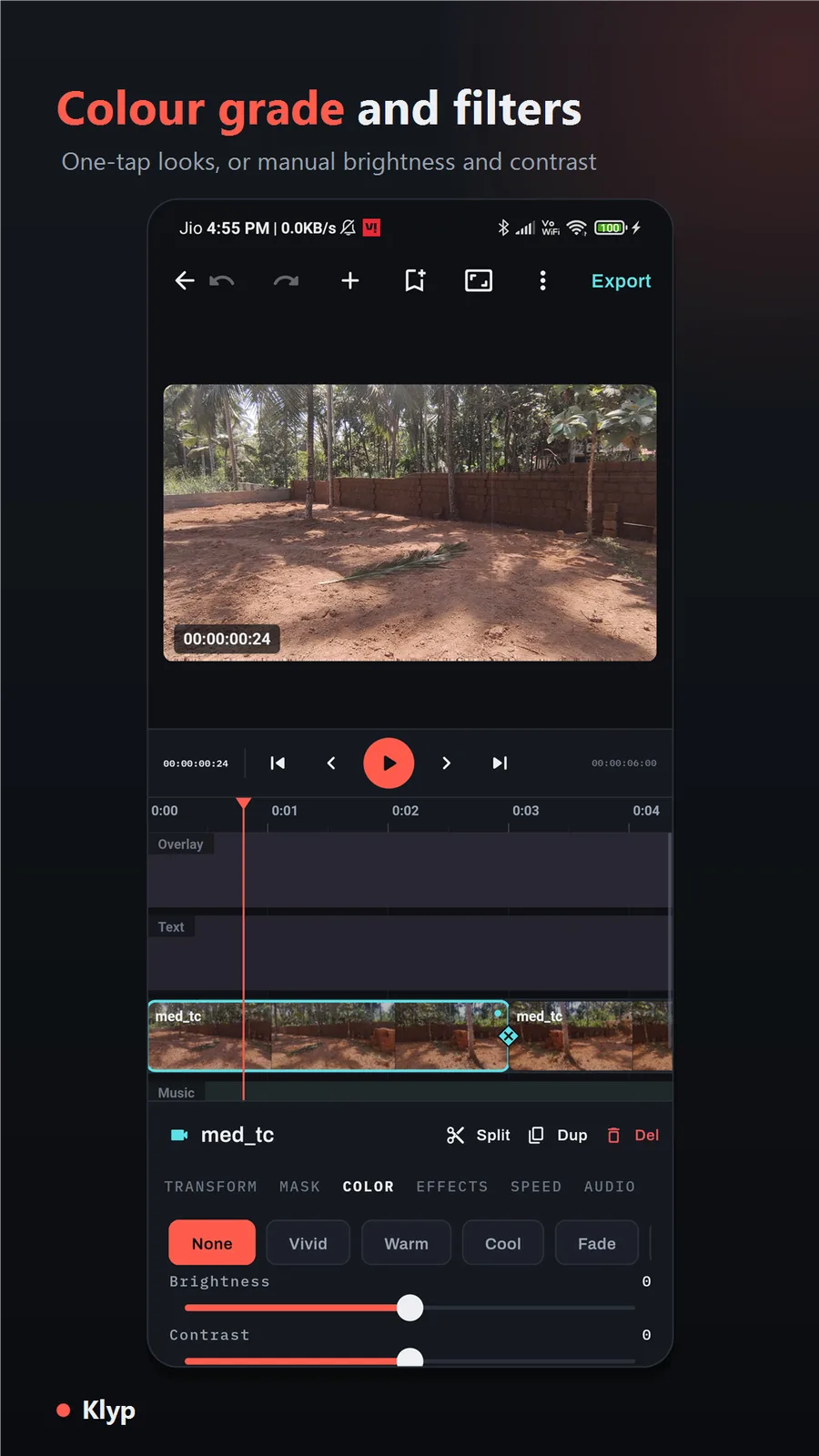 Klyp colour tab with one-tap looks (Vivid, Warm, Cool, Fade) plus manual brightness and contrast.