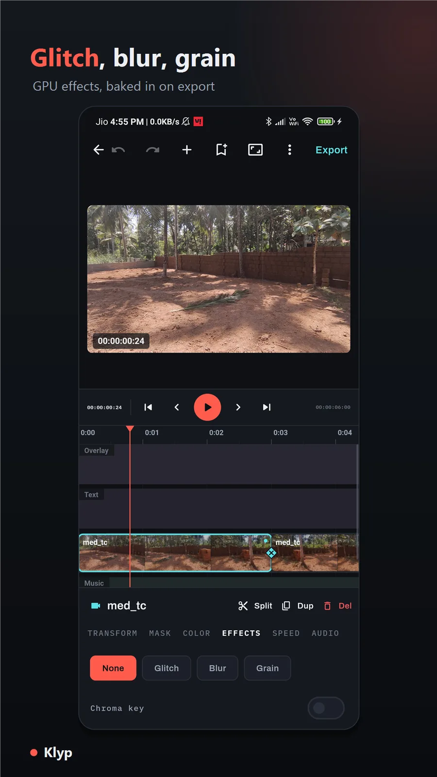 Klyp effects tab with Glitch, Blur and Grain options, and a chroma key toggle.