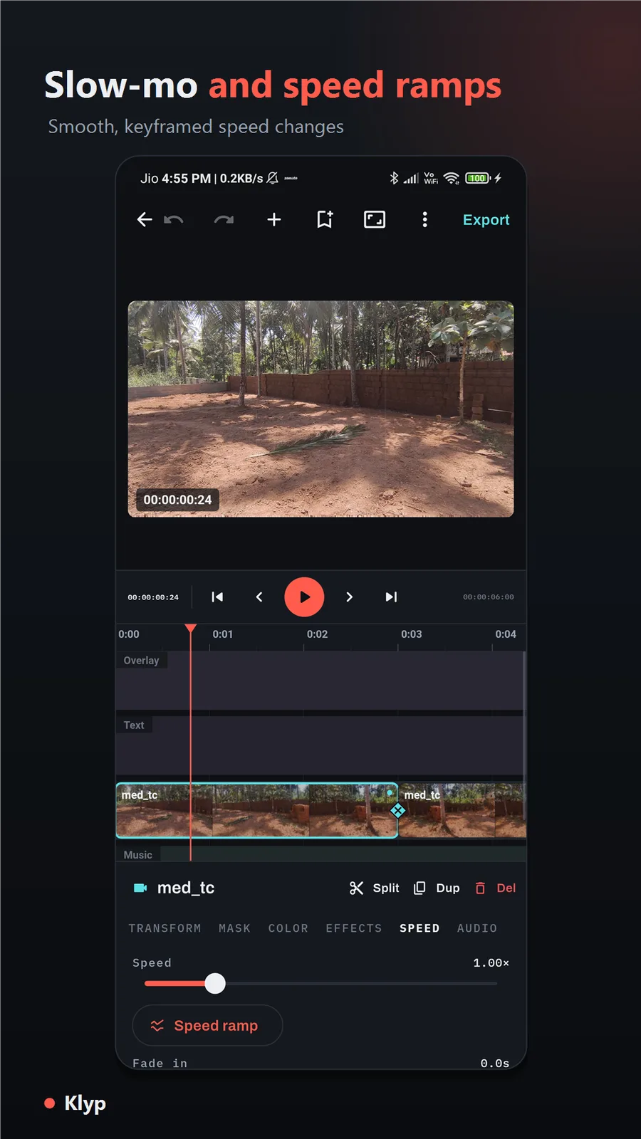 Klyp speed tab with a 1.00x speed slider and a speed ramp button.
