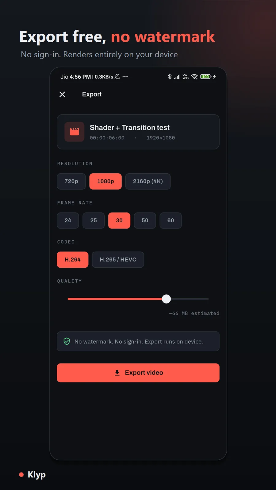 Klyp export sheet: resolution up to 4K, frame rate, H.264 or HEVC codec, and an export video button.
