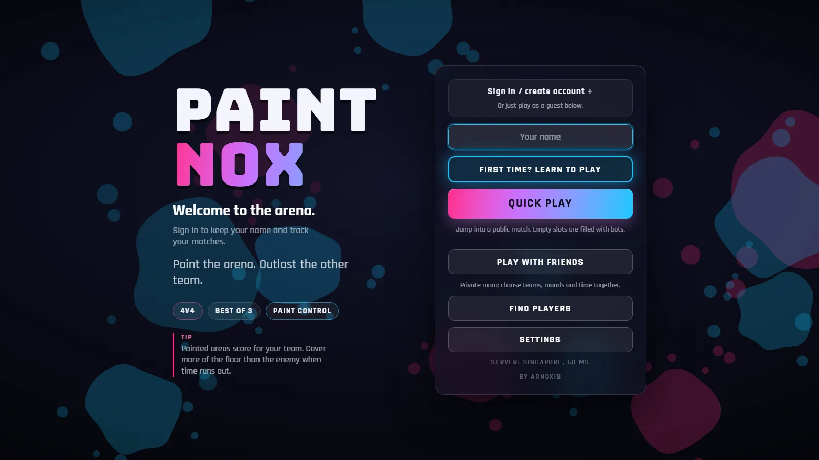 The Paintnox lobby: the PAINT NOX wordmark, the tagline, and a Quick Play button beside options to play with friends or find players.