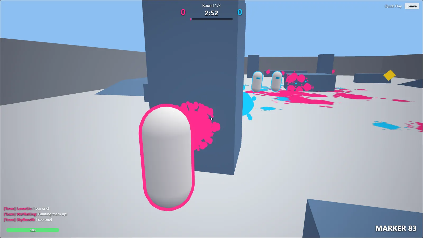 A Paintnox match early in round 1: a pink-outlined player behind a wall, pink and blue paint splattered across the arena floor, and two blue-team players in the distance.
