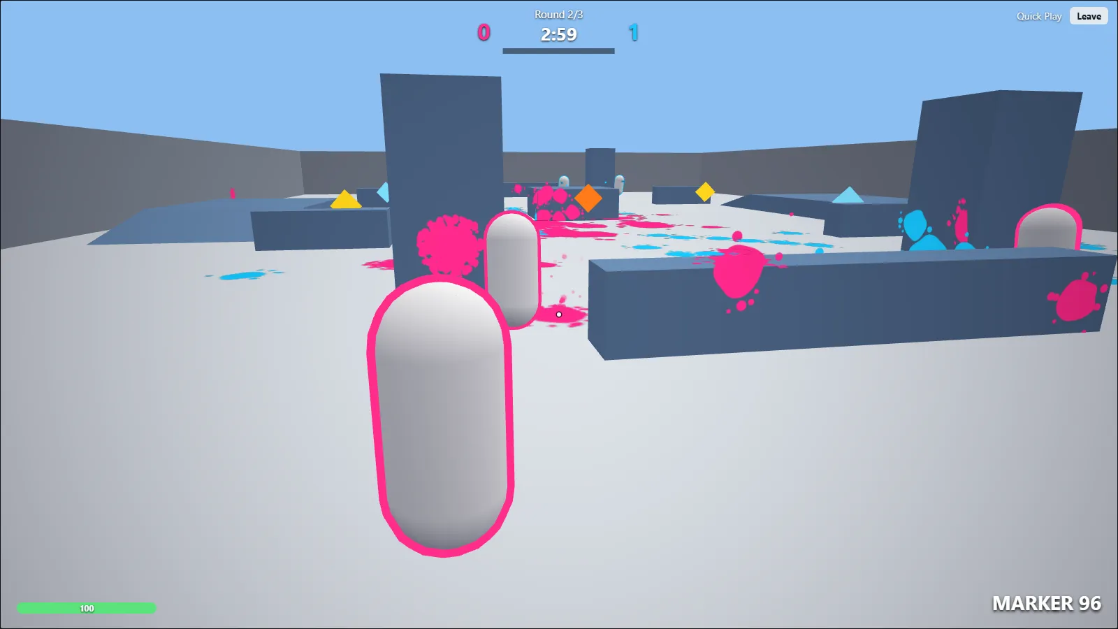 A Paintnox match in round 2 of 3: pink and blue paint splats cover the floor and the walls of the arena.